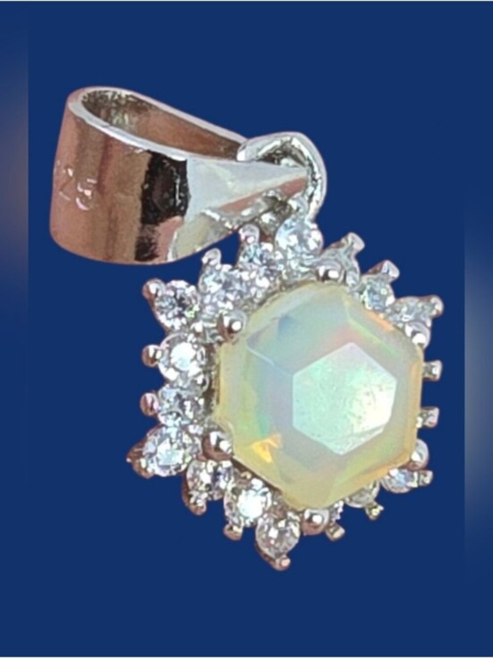 925 Sterling Silver Pendant 7x7mm with Natural White Opal & CZ